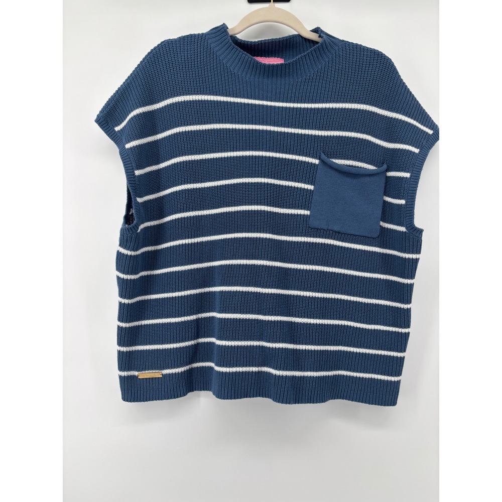 Simply Southern Blue White Striped Knit Sweater Vest XXL Crew Neck Chest‎ Pocket